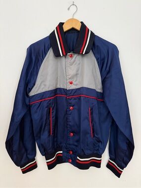 Navy and Gray Vintage Satin Bomber Jacket with Red Trim